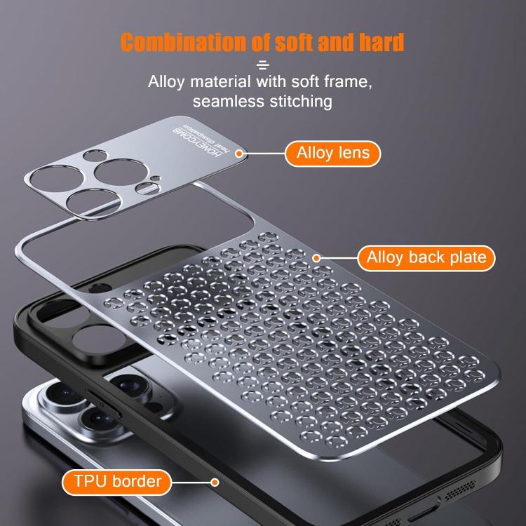 Funda hueca transpirable y refrescante de metal Kalebol para iPhone 14 (plateada)