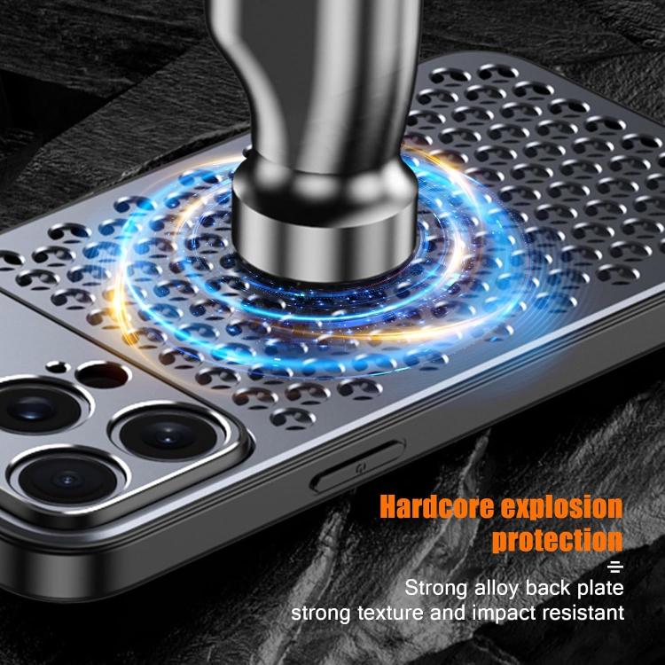 Funda hueca transpirable y refrescante de metal Kalebol para iPhone 16 Pro Max (gris)