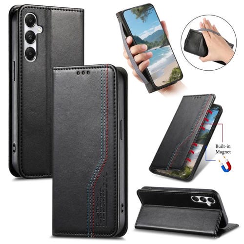 Funda de cuero con correa elástica y ventosa magnética para Samsung Galaxy M36 5G (negra)