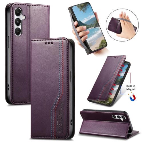 Funda de cuero con correa elástica y ventosa magnética para Samsung Galaxy A36 5G (morado)
