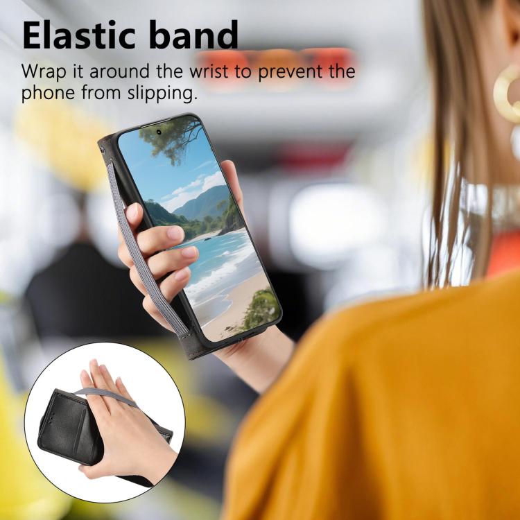 Funda de cuero con correa elástica y ventosa magnética para Samsung Galaxy M15 5G (negra)