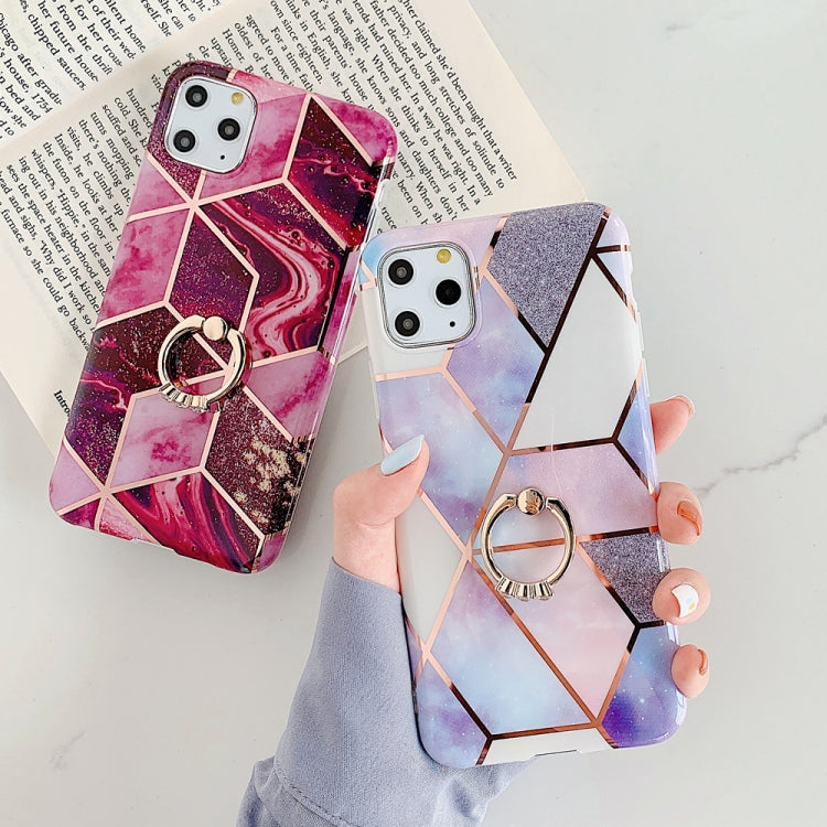 Funda para iPhone 11 Pro Max TPU Plating Patrón Geométrico Mosaico Mármol Anillo Soporte (Magenta)