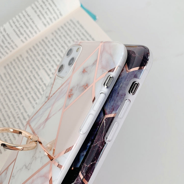 Funda para iPhone 11 Pro Max TPU Plating Patrón Geométrico Mosaico Mármol Anillo Soporte (Magenta)