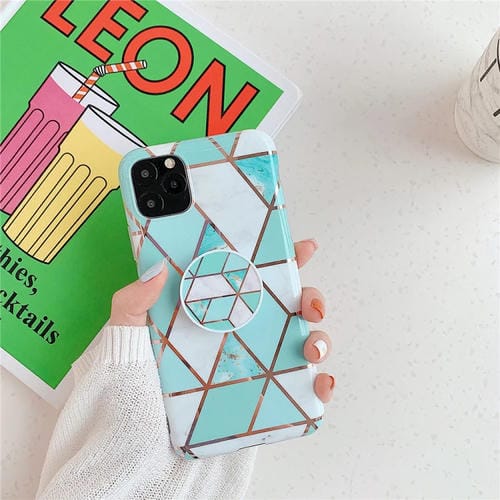Funda para Teléfono iPhone 11 TPU Patrón Geométrico Mosaico Mármol con Soporte Plegable (Verde)