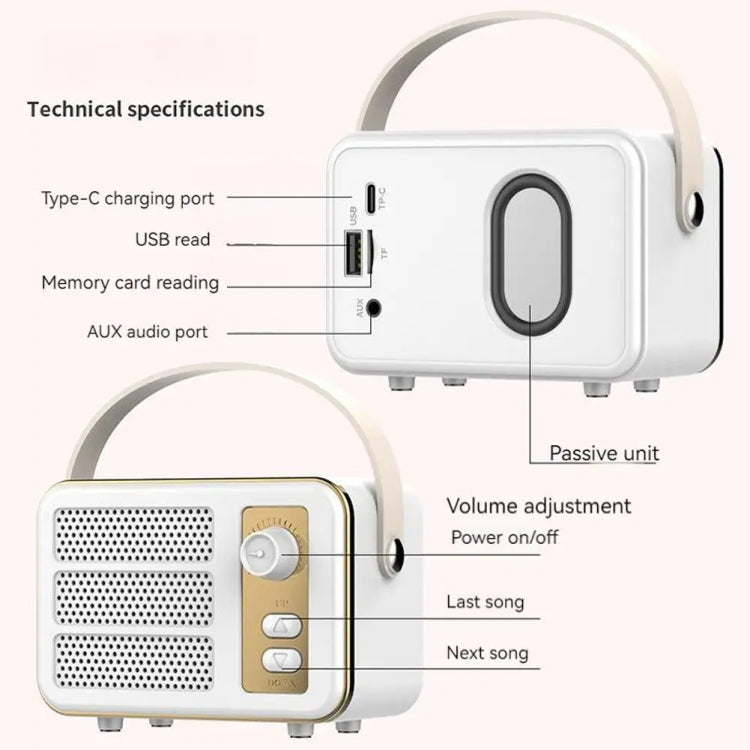 Mini Altavoz Bluetooth Portátil de Mano Sonido Estéreo Nivel Hifi Retro (Blanco)