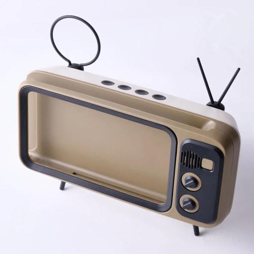Soporte de Escritorio para Teléfono Móvil con Altavoz Bluetooth y Tv Pequeña Retro (Marrón)