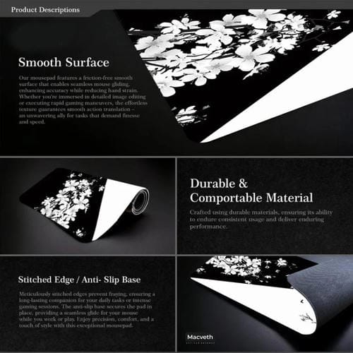 Alfombrilla de Ratón Antideslizante de Goma con Diseño de Flor de Cerezo y Pintura en Tinta 300 x 800 x 2 mm (Patrón 8)