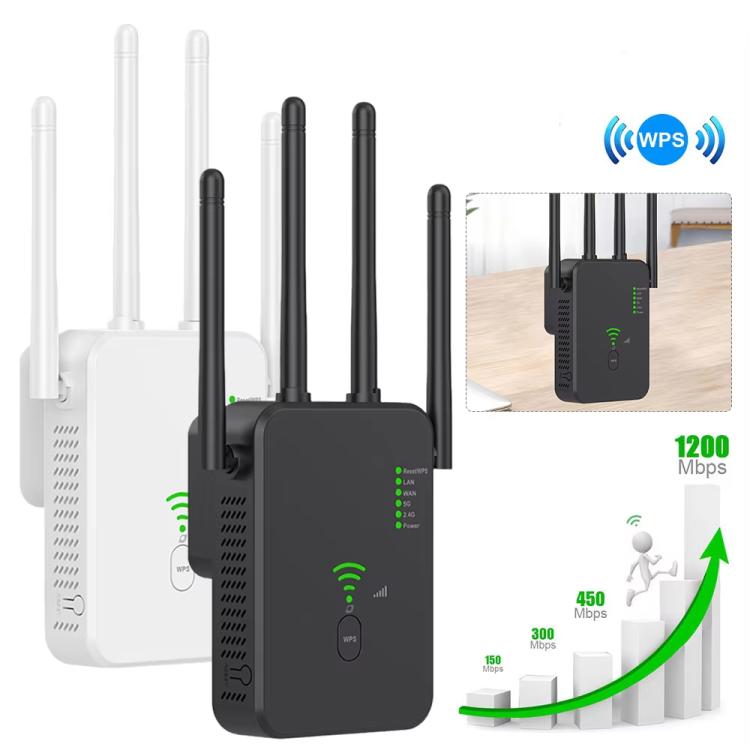 Repetidor Inalámbrico Urant U10 1200 Mbps 2,4 G y 5,8 G Amplificador Señal WIFI 4 Antenas Enchufe Estadounidense (Negro)