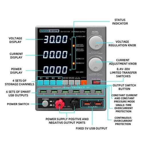 Puissance Meter Sugon 3010Pm Réparation de téléphones cellulaires avec écran numérique, 150 W, 30 V, 10 A, 4 prises UE