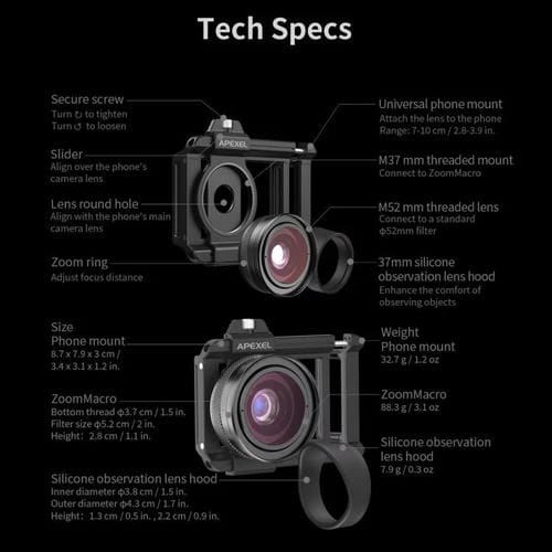 Lente Macro Apexel Apl-Zm100 Enfoque Fijo 10X-20X para Teléfono Celular (Negro)