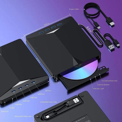Unidad Óptica Externa Extraíble USB 3.0/Tipo C Grabadora de DVD/CD Multiinterfaz (Negra)
