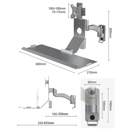 Soporte para monitor WKS-1 montaje en pared con bandeja para mouse y teclado (Negro)