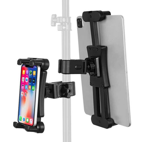 Soporte para tableta y teléfono con rotación de 360 grados, abrazadera ajustable, adaptador multifuncional (negro)