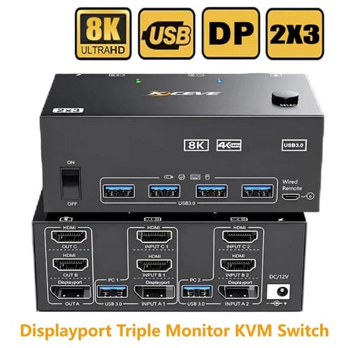 Conmutador KVM KCEVE KC-KVM204DH de 2 entradas y 4 salidas, 8K, 60 Hz, para 2 ordenadores y 4 monitores, enchufe europeo