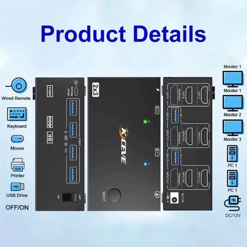 Conmutador KVM KCEVE KC-KVM204DH de 2 entradas y 4 salidas, 8K, 60 Hz, para 2 ordenadores y 4 monitores, enchufe europeo