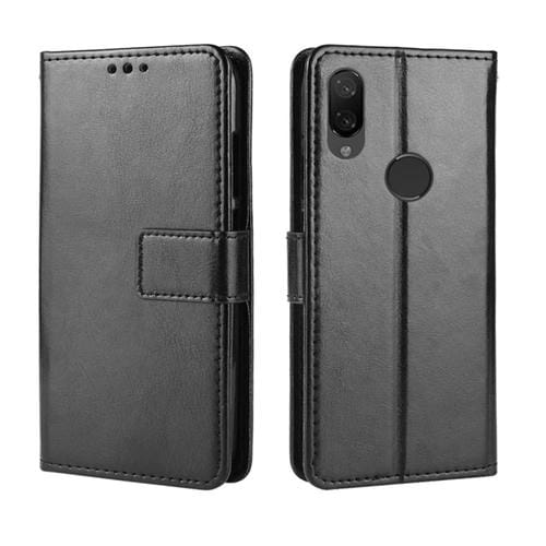 Funda de Cuero con Tapa Horizontal con Textura de Caballo Loco para Xiaomi Redmi Note 7, con Soporte, Ranuras para Tarjetas, Billetera y Cordón (Negro)