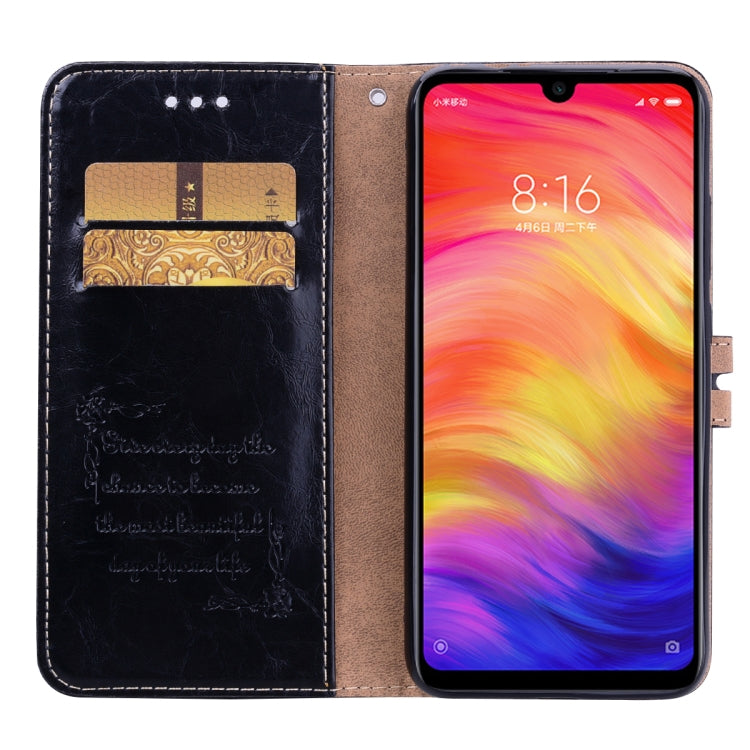 Estuche de Cuero con Tapa Horizontal con Textura de Cera de Aceite de Estilo Empresarial para Xiaomi Redmi Note7, con Soporte, Ranuras para Tarjetas y Billetera (Negro)