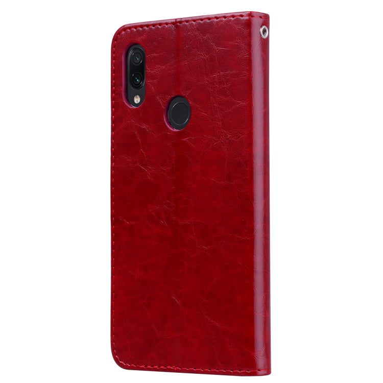 Estuche de Cuero con Tapa Horizontal con Textura de Cera de Aceite de Estilo Empresarial para Xiaomi Redmi Note7, con Soporte, Ranuras para Tarjetas y Billetera (Rojo)