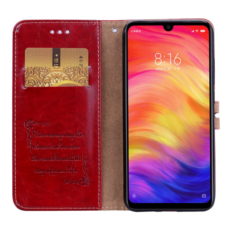 Estuche de Cuero con Tapa Horizontal con Textura de Cera de Aceite de Estilo Empresarial para Xiaomi Redmi Note7, con Soporte, Ranuras para Tarjetas y Billetera (Rojo)