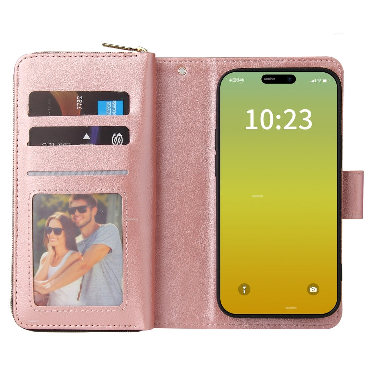 Para iPhone 15 9 Ranuras para Tarjetas Cartera con Cremallera Funda de Cuero para Teléfono (Oro Rosa) - MOVILSTORE
