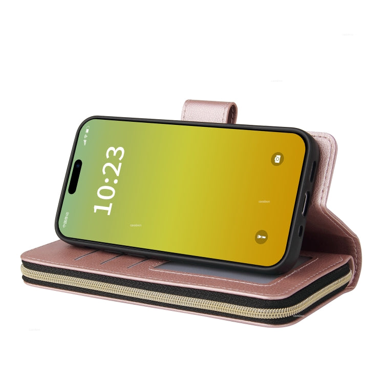 Para iPhone 15 9 Ranuras para Tarjetas Cartera con Cremallera Funda de Cuero para Teléfono (Oro Rosa) - MOVILSTORE
