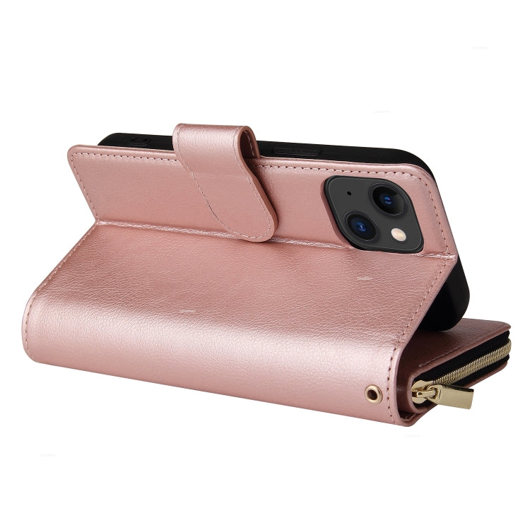 Para iPhone 15 9 Ranuras para Tarjetas Cartera con Cremallera Funda de Cuero para Teléfono (Oro Rosa) - MOVILSTORE