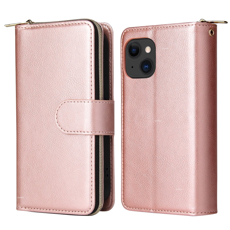 Para iPhone 15 9 Ranuras para Tarjetas Cartera con Cremallera Funda de Cuero para Teléfono (Oro Rosa) - MOVILSTORE