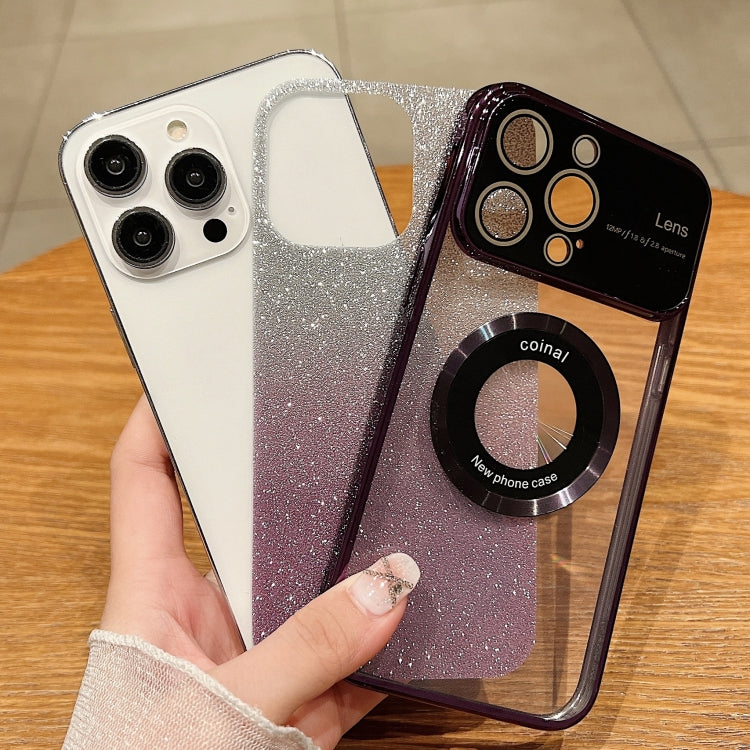 Para iPhone 15 Caja de Teléfono de TPU con Galvanoplastia con Brillo Degradado Magsafe con Ventana Grande (Púrpura) - MOVILSTORE