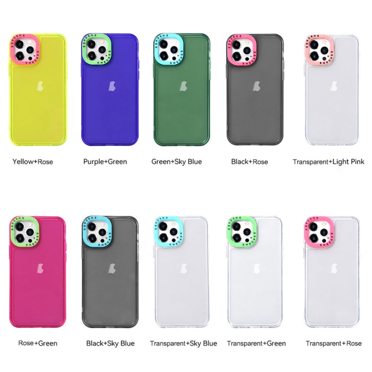 Para iPhone 15 Caja de Teléfono de TPU Transparente con Marco de Lente de Contraste de Color (Negro + Rojo Rosa) - MOVILSTORE