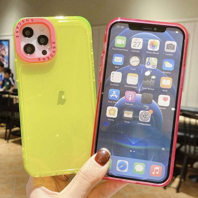 Para iPhone 15 Caja de Teléfono de TPU Transparente con Marco de Lente de Contraste de Color (Rojo Rosa + Verde) - MOVILSTORE