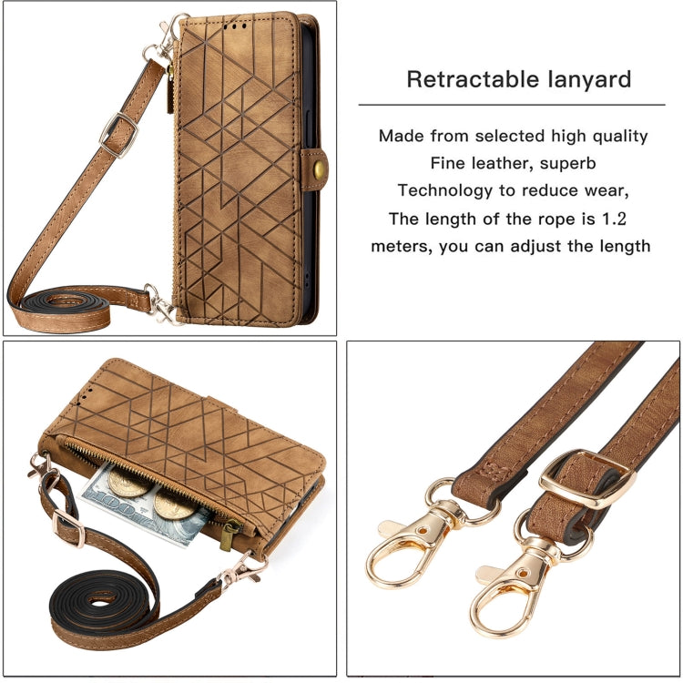 Para iPhone 15 con Cremallera Geométrica Cartera con Hebilla Lateral Funda de Cuero para Teléfono con Cordón Cruzado (Marrón) - MOVILSTORE