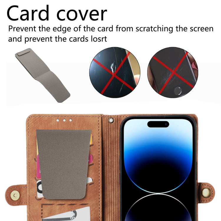 Para iPhone 15 con Cremallera Geométrica Cartera con Hebilla Lateral Funda de Cuero para Teléfono con Cordón Cruzado (Marrón) - MOVILSTORE