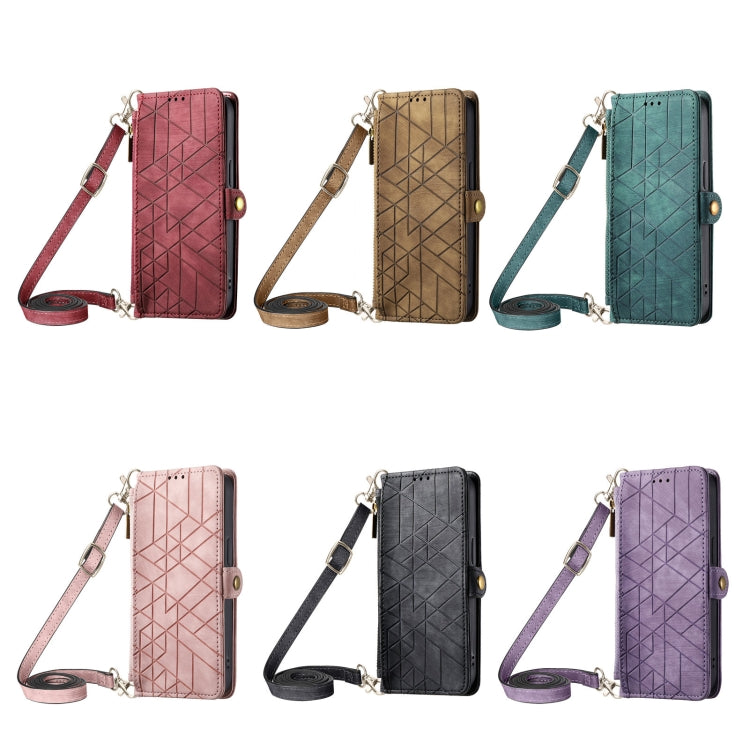 Para iPhone 15 con Cremallera Geométrica Cartera con Hebilla Lateral Funda de Cuero para Teléfono con Cordón Cruzado (Marrón) - MOVILSTORE