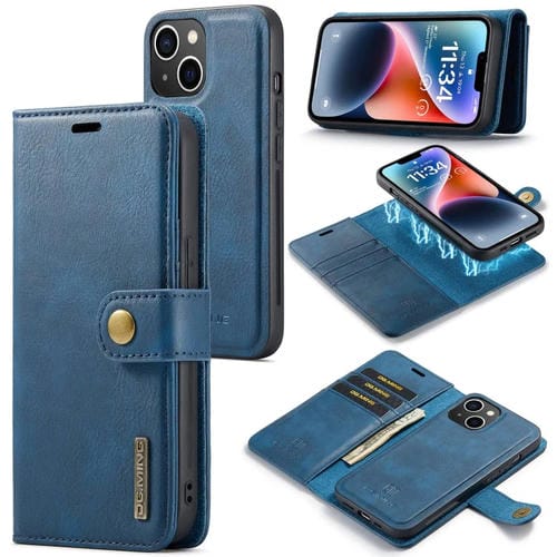 Para iPhone 15 Dg.Ming Funda para Teléfono de Cuero Magnético Desmontable con Textura Crazy Horse (Azul) - MOVILSTORE