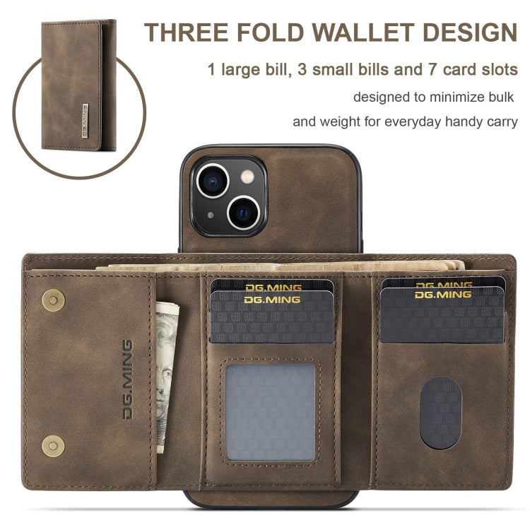Para iPhone 15 Dg.Ming M1 Series Funda de Cuero para Teléfono con Billetera Múltiple de 3 Pliegues (Café) - MOVILSTORE