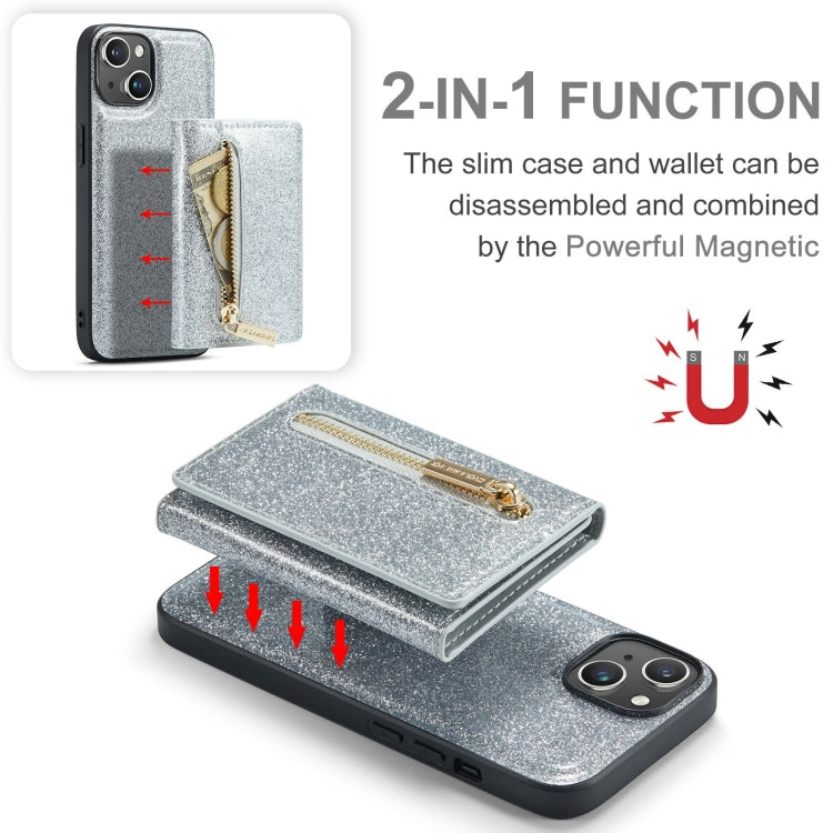 Para iPhone 15 Dg.Ming M3 Series Glitter Powder Card Bag Funda de Cuero para Teléfono (Plata) - MOVILSTORE