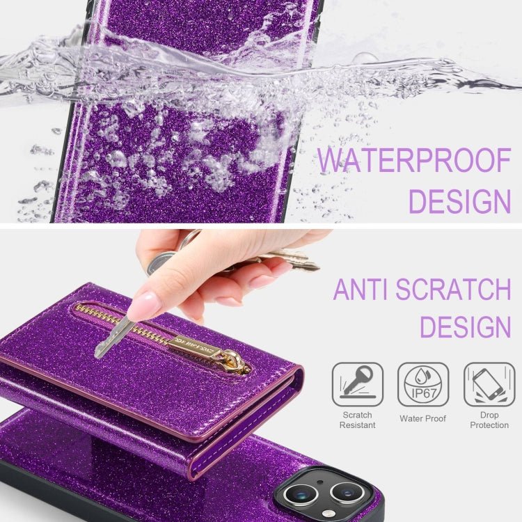 Para iPhone 15 Dg.Ming M3 Series Glitter Powder Card Bag Funda de Cuero para Teléfono (Púrpura Oscuro) - MOVILSTORE