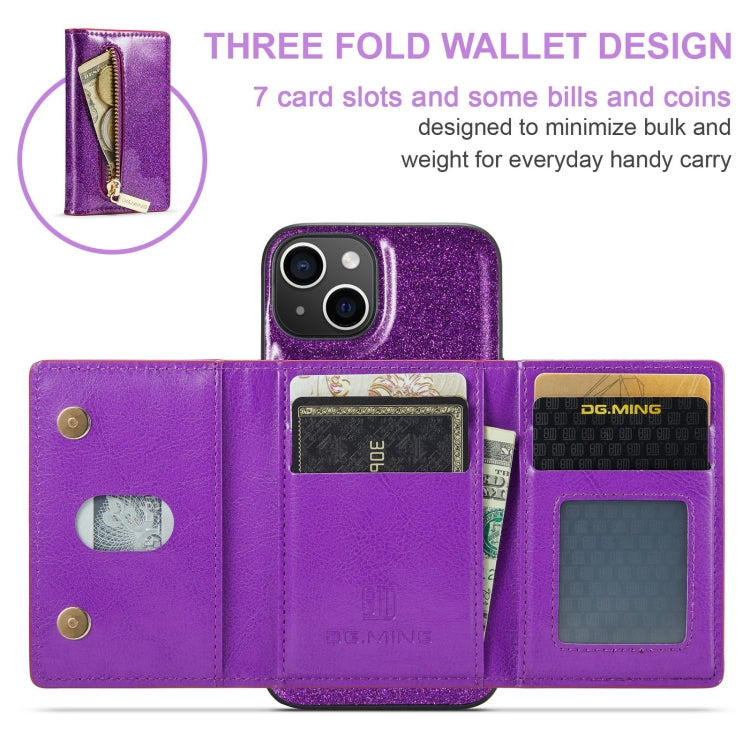 Para iPhone 15 Dg.Ming M3 Series Glitter Powder Card Bag Funda de Cuero para Teléfono (Púrpura Oscuro) - MOVILSTORE