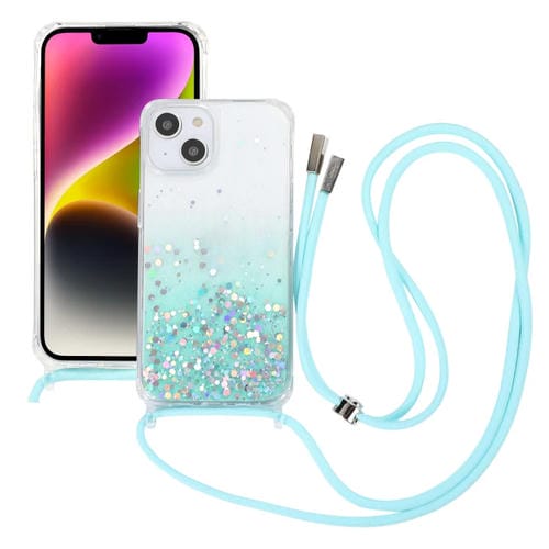 Para iPhone 15 Estuche para Teléfono de Acrílico Engrosado de TPU Epoxi con Brillo Degradado y Cordón de Cuello Redondo (Azul) - MOVILSTORE
