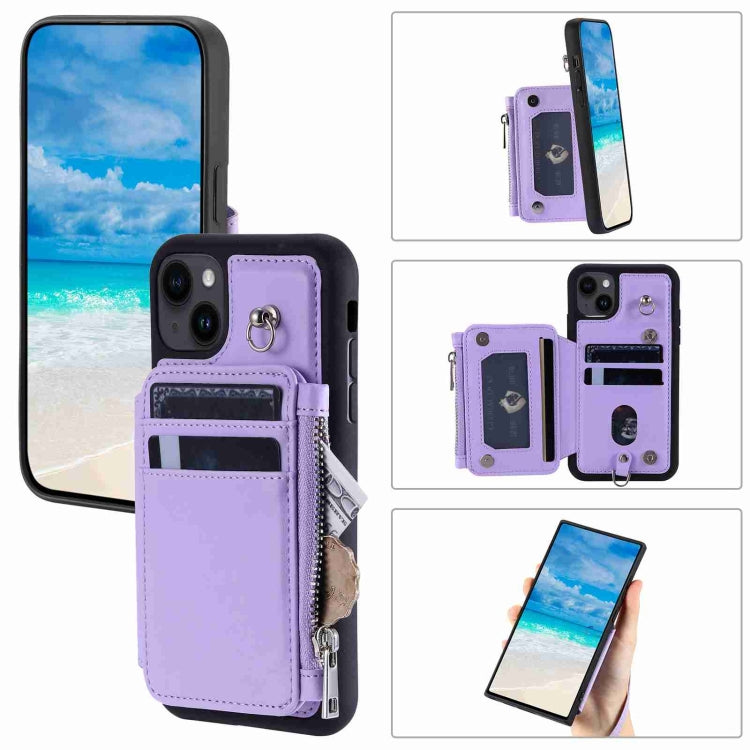 Para iPhone 15 Estuche para Teléfono Rfid con Ranuras para Tarjetas con Cremallera (Púrpura) - MOVILSTORE