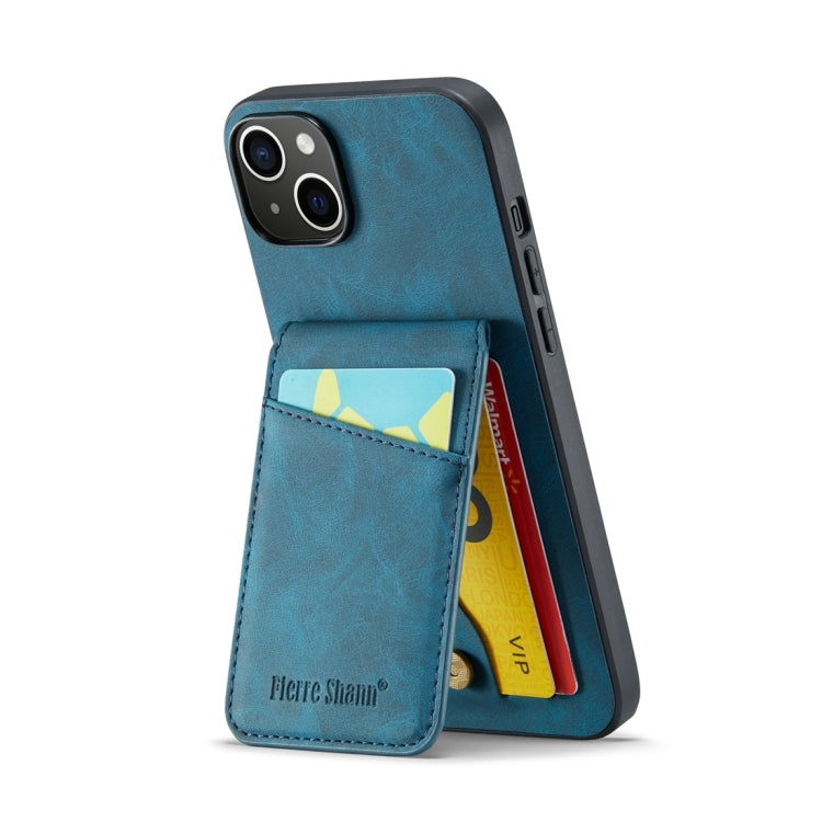 Para iPhone 15 Fierre Shann Crazy Horse Titular de la Tarjeta Contraportada Funda para Teléfono Pu (Azul) - MOVILSTORE