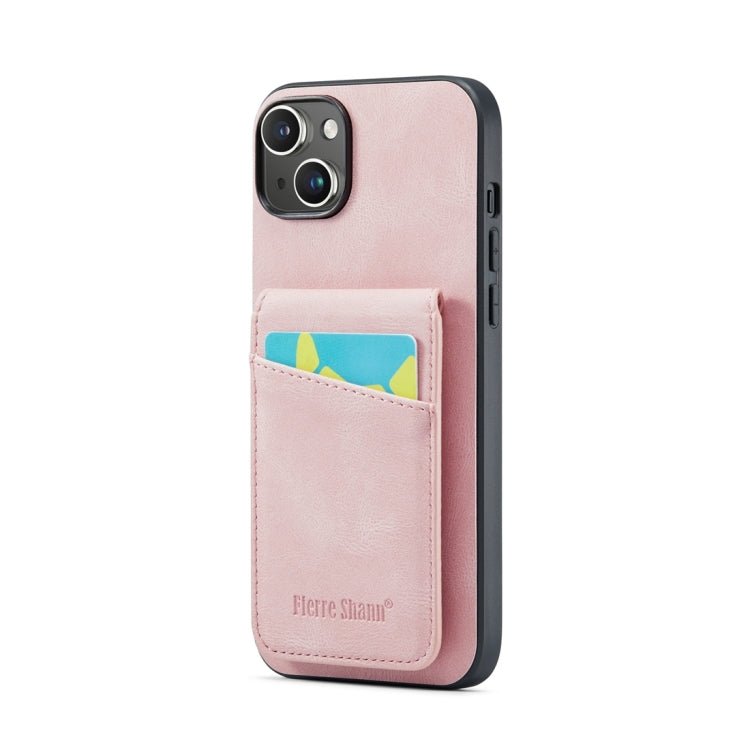 Para iPhone 15 Fierre Shann Crazy Horse Titular de la Tarjeta Contraportada Funda para Teléfono Pu (Rosa) - MOVILSTORE