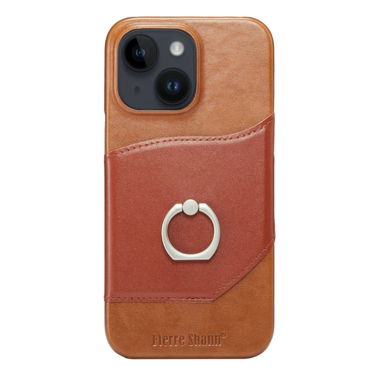Para iPhone 15 Fierre Shann Oil Wax Texture Funda para Teléfono con Contraportada de Cuero Genuino (Marrón) - MOVILSTORE