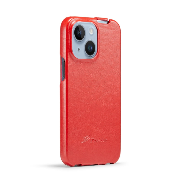 Para iPhone 15 Fierre Shann Oil Wax Texture Funda para Teléfono Pu con Tapa Vertical (Rojo) - MOVILSTORE