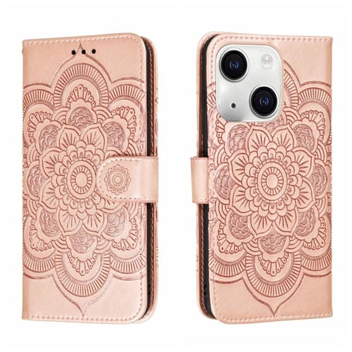 Para iPhone 15 Funda de Cuero con Estampado Sun Mandala (Oro Rosa) - MOVILSTORE
