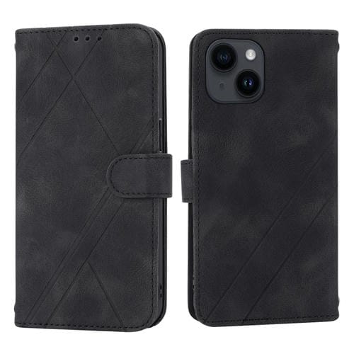 Para iPhone 15 Funda de Cuero con Línea En Relieve y Cordón (Negro) - MOVILSTORE