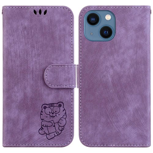 Para iPhone 15 Funda de Cuero con Relieve Little Tiger (Púrpura) - MOVILSTORE