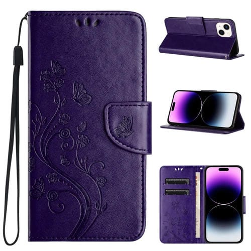 Para iPhone 15 Funda de Cuero con Tapa con Patrón de Flores de Mariposa (Púrpura Oscuro) - MOVILSTORE