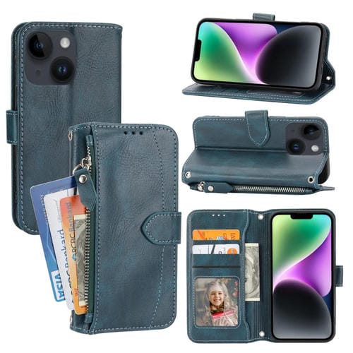 Para iPhone 15 Funda de Cuero para Teléfono con Billetera con Cremallera y Piel de Aceite (Azul) - MOVILSTORE