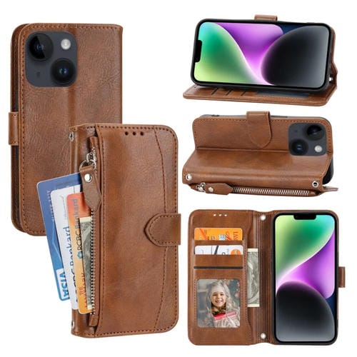 Para iPhone 15 Funda de Cuero para Teléfono con Billetera con Cremallera y Piel de Aceite (Marrón) - MOVILSTORE